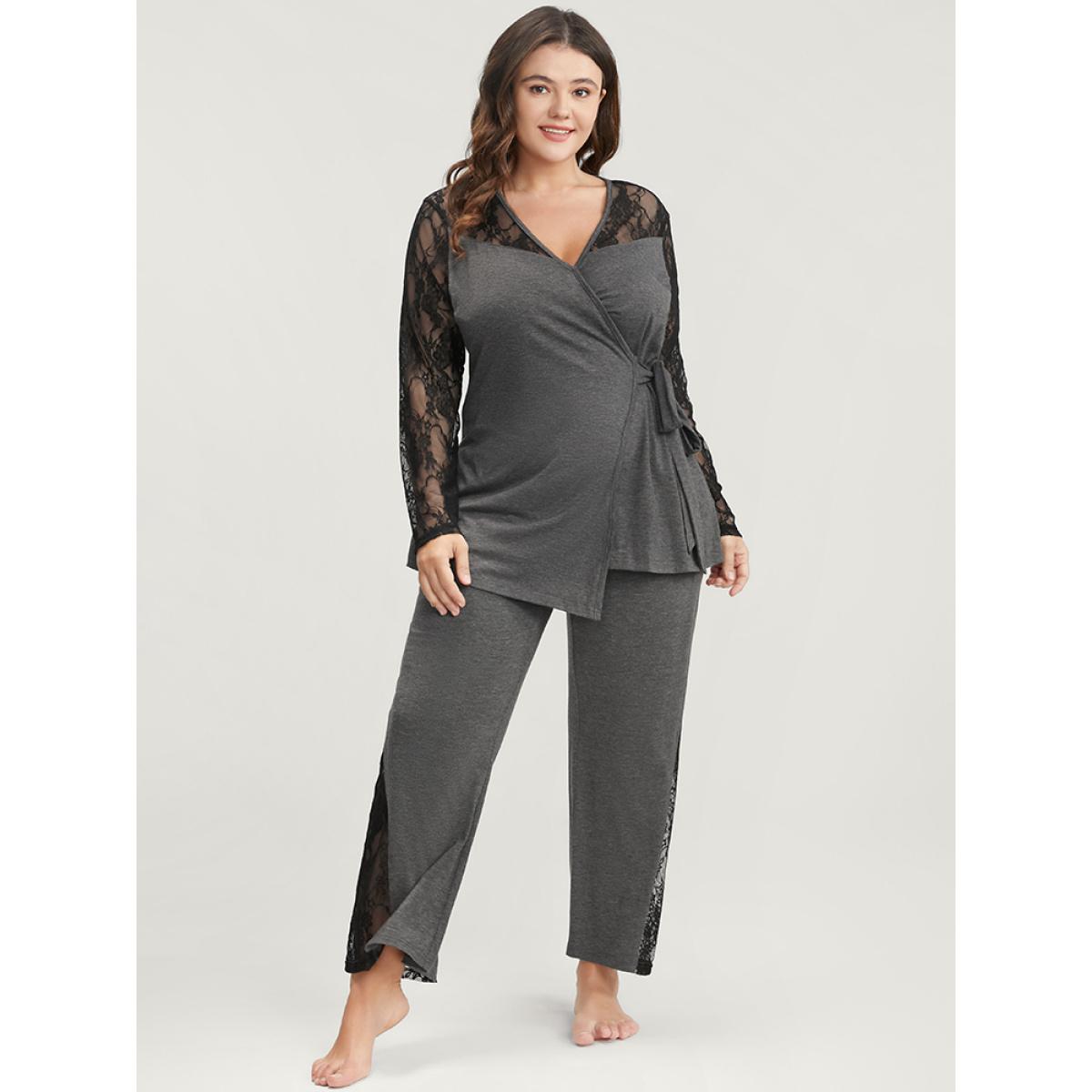 Plus Size Solid Contrast Lace Knot Side Pajama Set Women DimGray Plain Patchwork Long Sleeve V-neck Elegant Loungewear Sets BloomChic 22-24/3X Product Image