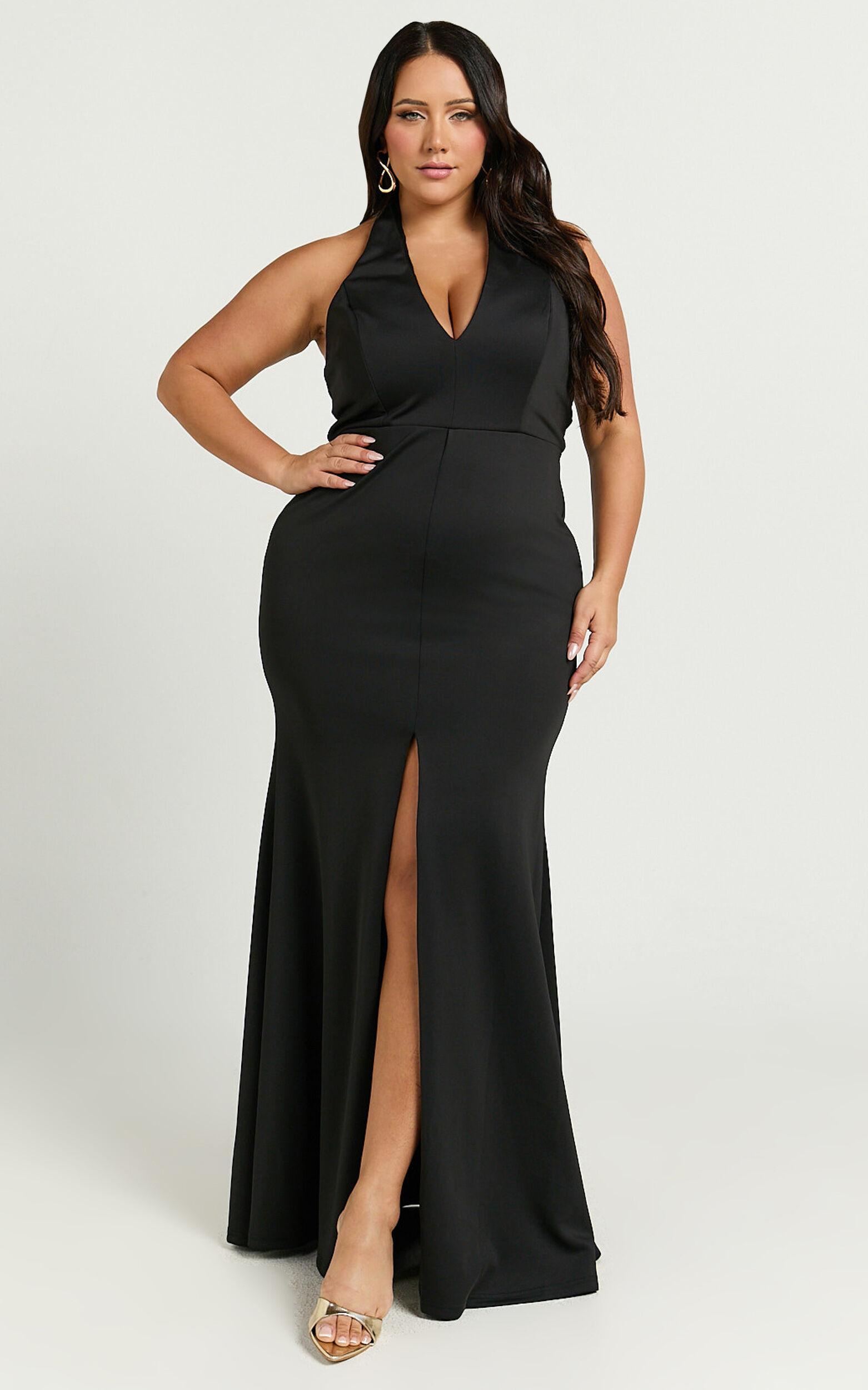 Moana Maxi Dress - Halter Plunge Front Split Dress in Black Product Image
