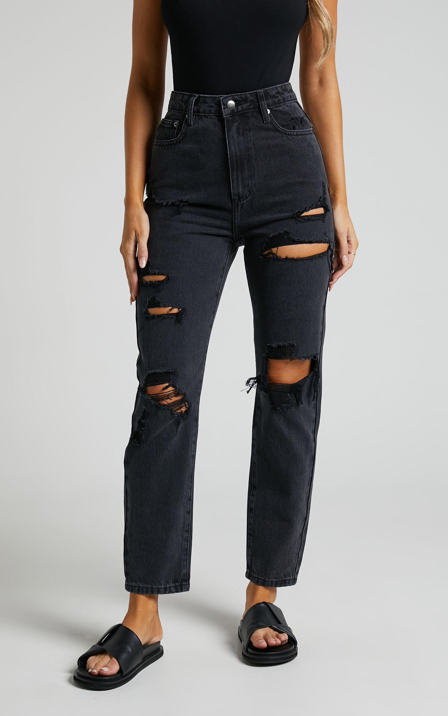 Billie Jeans - High Waisted Cotton Distressed Mom Denim Jeans in Black Wash Product Image
