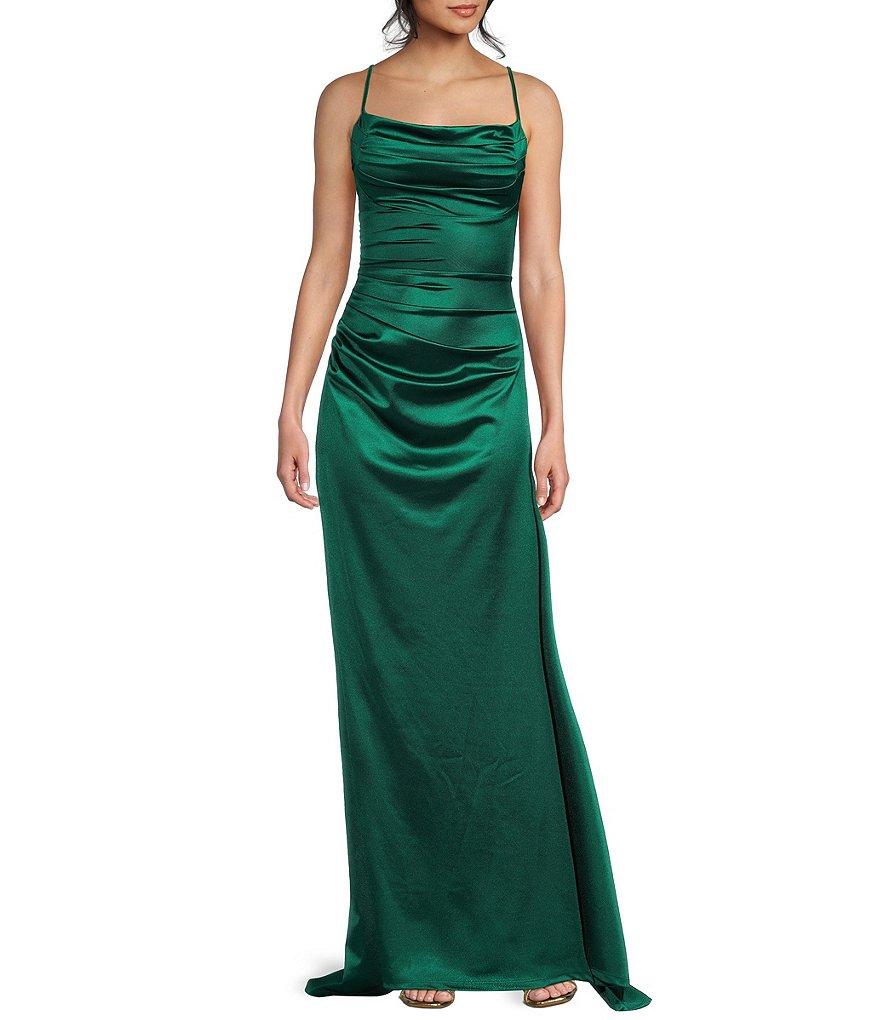 B. Darlin Satin Cowl Neck Shirred Lace-Up Back Long Dress Product Image