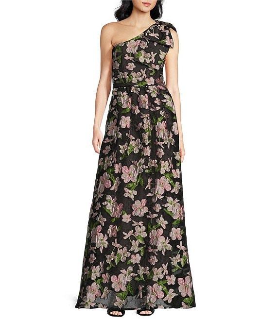 Abbey Glass Caroline Asymmetrical Neck Sleeveless Bow One Shoulder Bow Jacquard Pocketed A-Line Gown Product Image