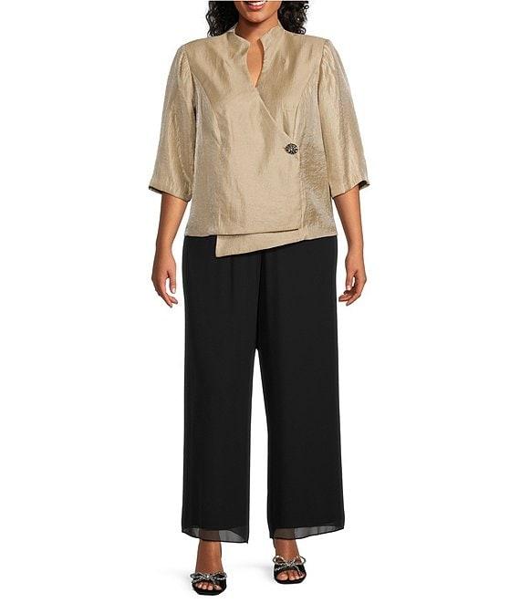 Alex Evenings Plus Size 3/4 Sleeve V-Neck Asymmetric Overlay Hem Blouse Product Image