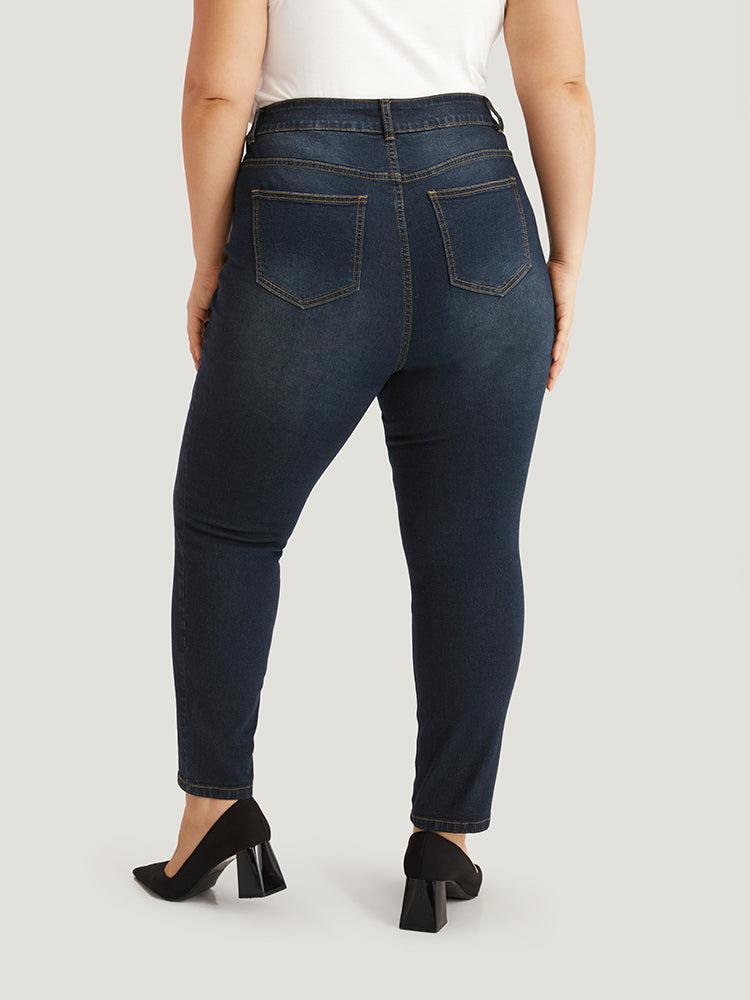 Skinny Pocket Dark Wash Zipper Fly Jeans Female Product Image