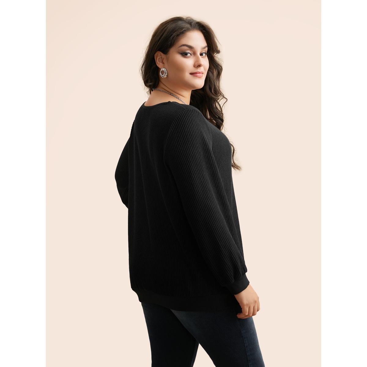 Plus Size Textured V Neck Lace Patchwork Sweatshirt Women Black Elegant Texture Loose V-neck Everyday Sweatshirts BloomChic 14-16/1X Product Image