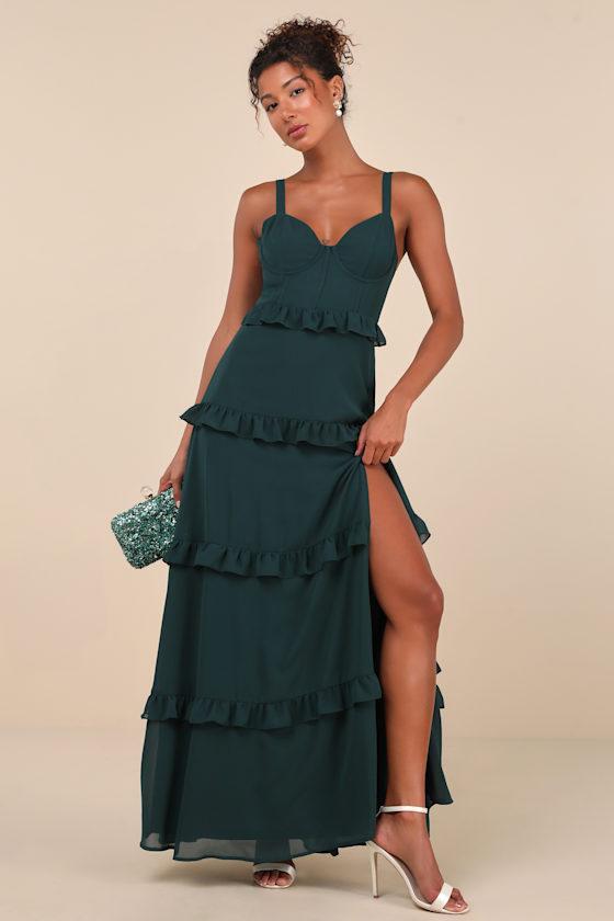 Sincerely Poised Emerald Backless Bustier Tiered Maxi Dress Product Image