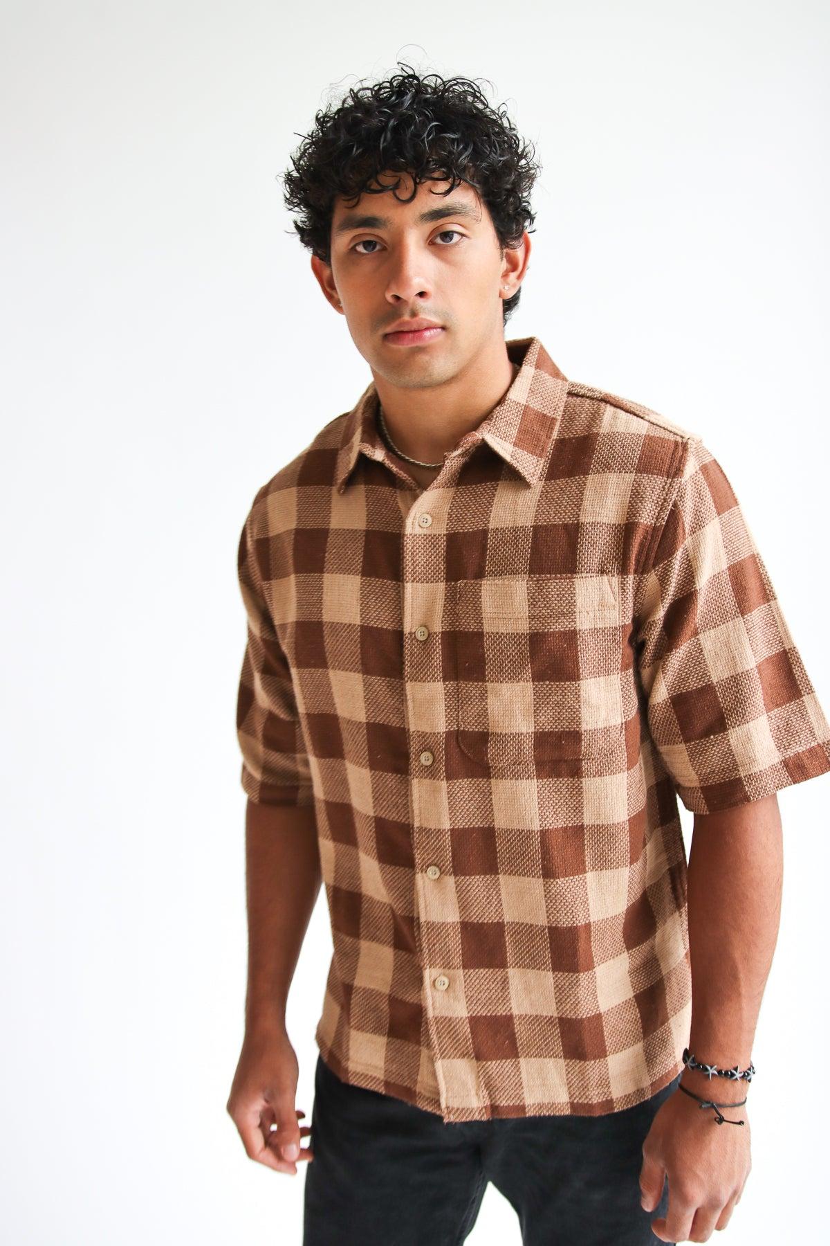 Brown Check Woven Knit Button Up Shirt Product Image