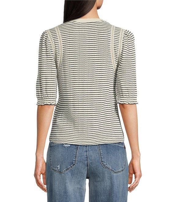 Democracy Knit Stripe Crochet Contrast Trim Crew Neck Elbow Sleeve Top Product Image