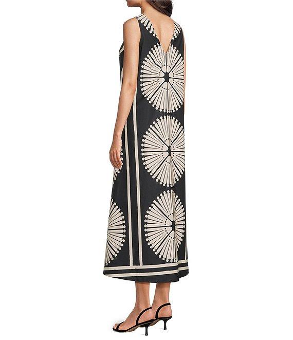 Gibson & Latimer Woven Fan Print V-Neck Sleeveless A-Line Flounce Maxi Dress Product Image