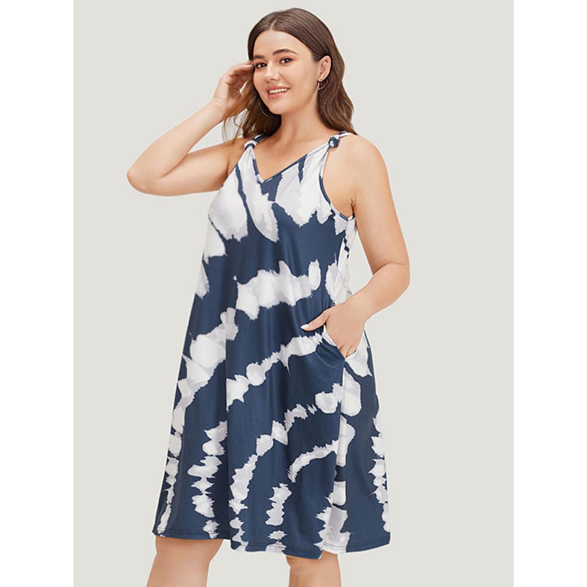 Plus Size Tie Dye Pocket Bowknot Cami Dress Blue Women Casual Tie Dye Spaghetti Strap Sleeveless Curvy Midi Dress BloomChic 12/L Product Image