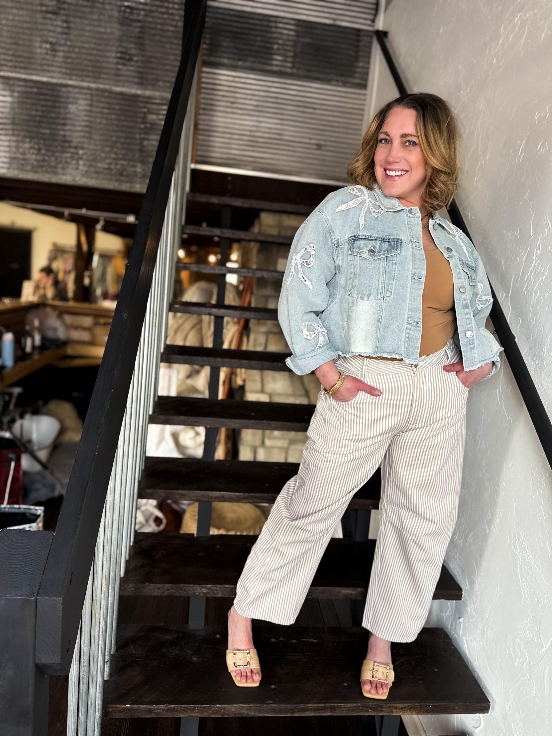 Lace Bow Embroidered Denim Jacket Product Image