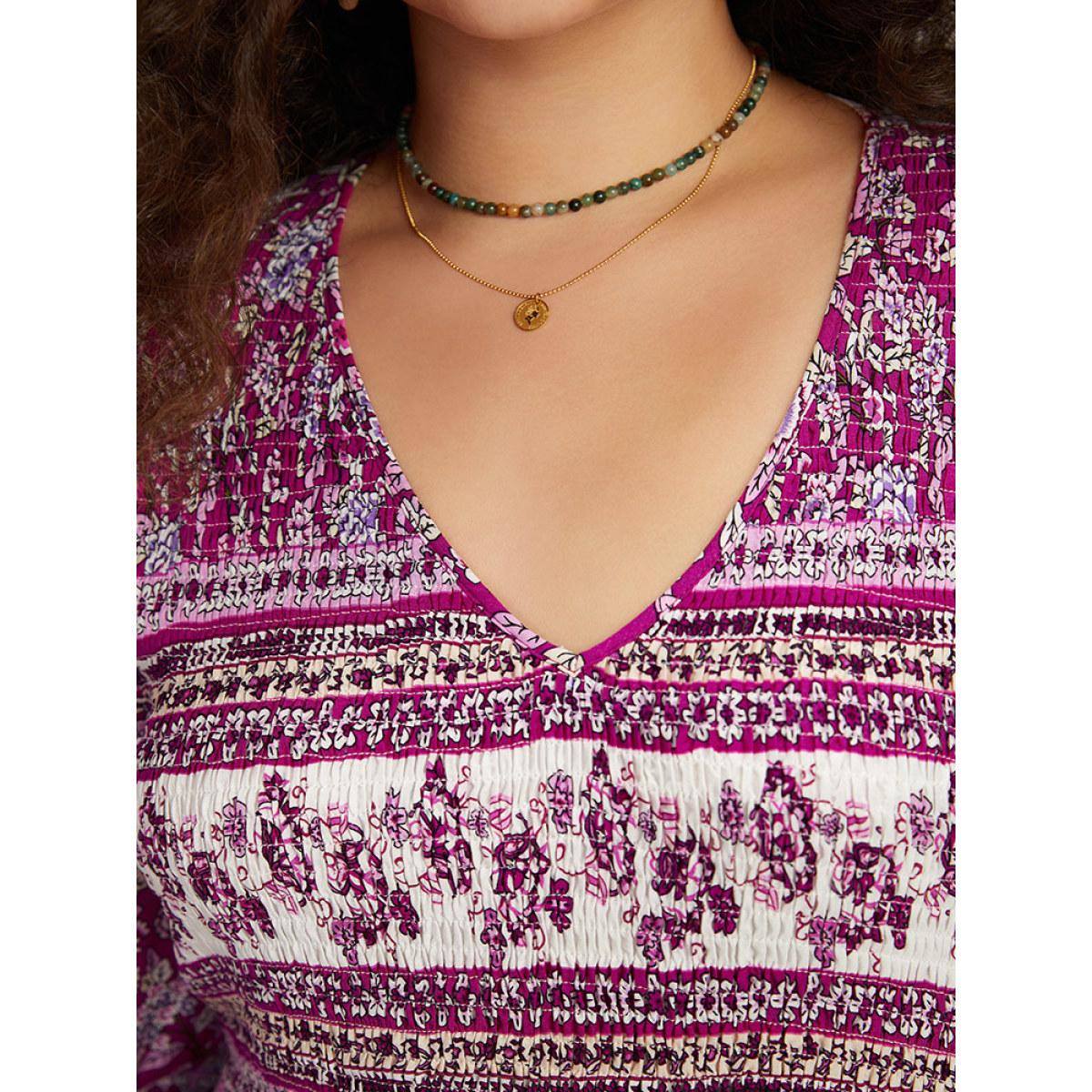 Plus Size Bandana Print Pocket V Neck Shirred Dress Purple Women Vacation Elastic cuffs V-neck Long Sleeve Curvy Midi Dress BloomChic 14-16/1X Product Image