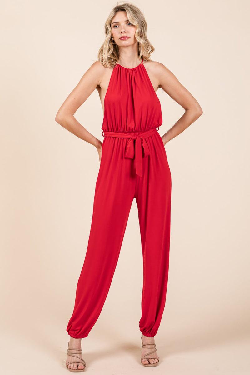 Halter Neck Shirred Belted Split Leg Jumpsuit Product Image