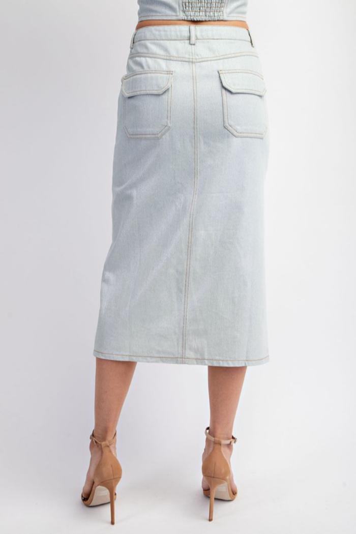 Metallic Denim Midi Skirt Product Image