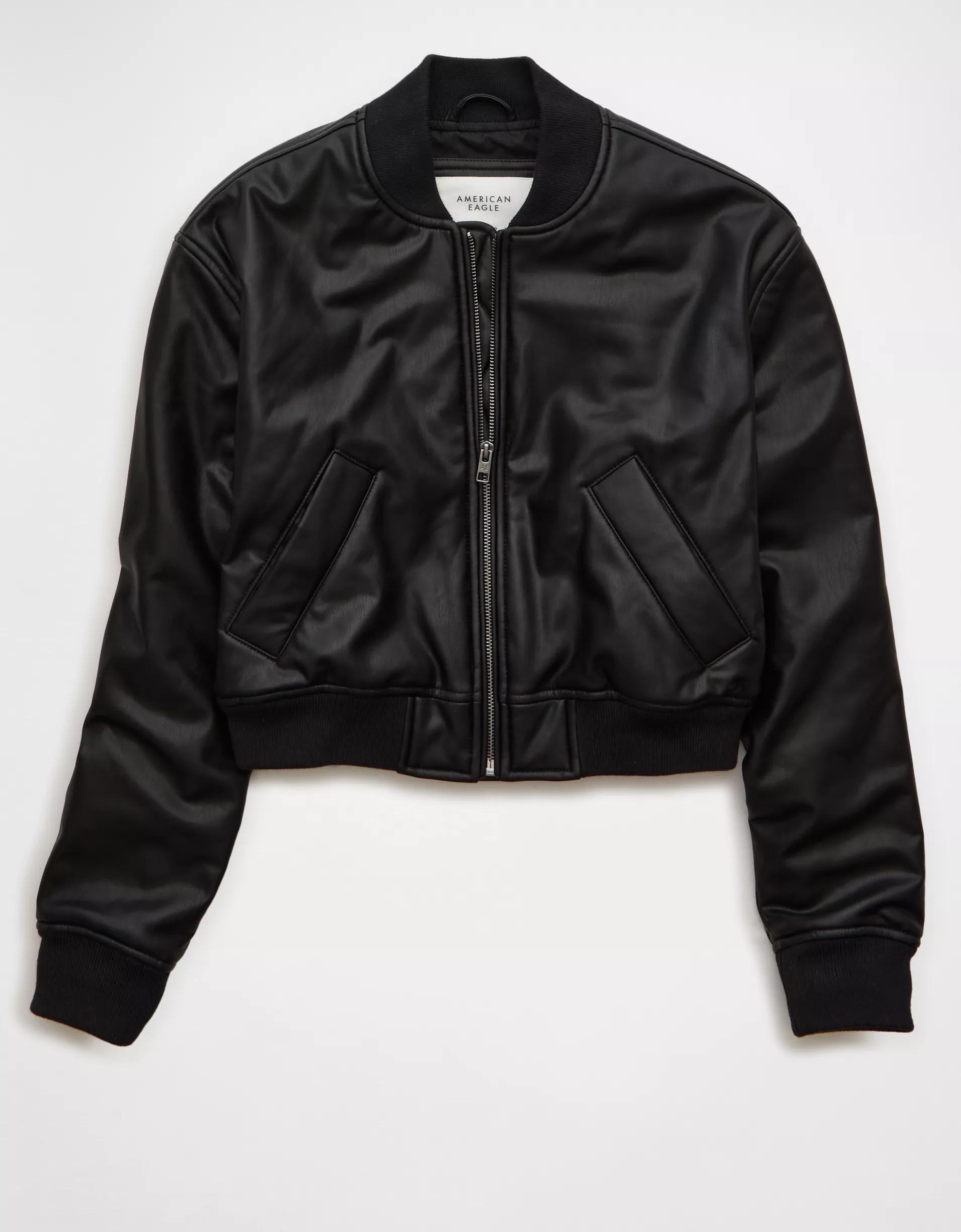 AE Faux Leather Cropped Bomber Jacket Product Image