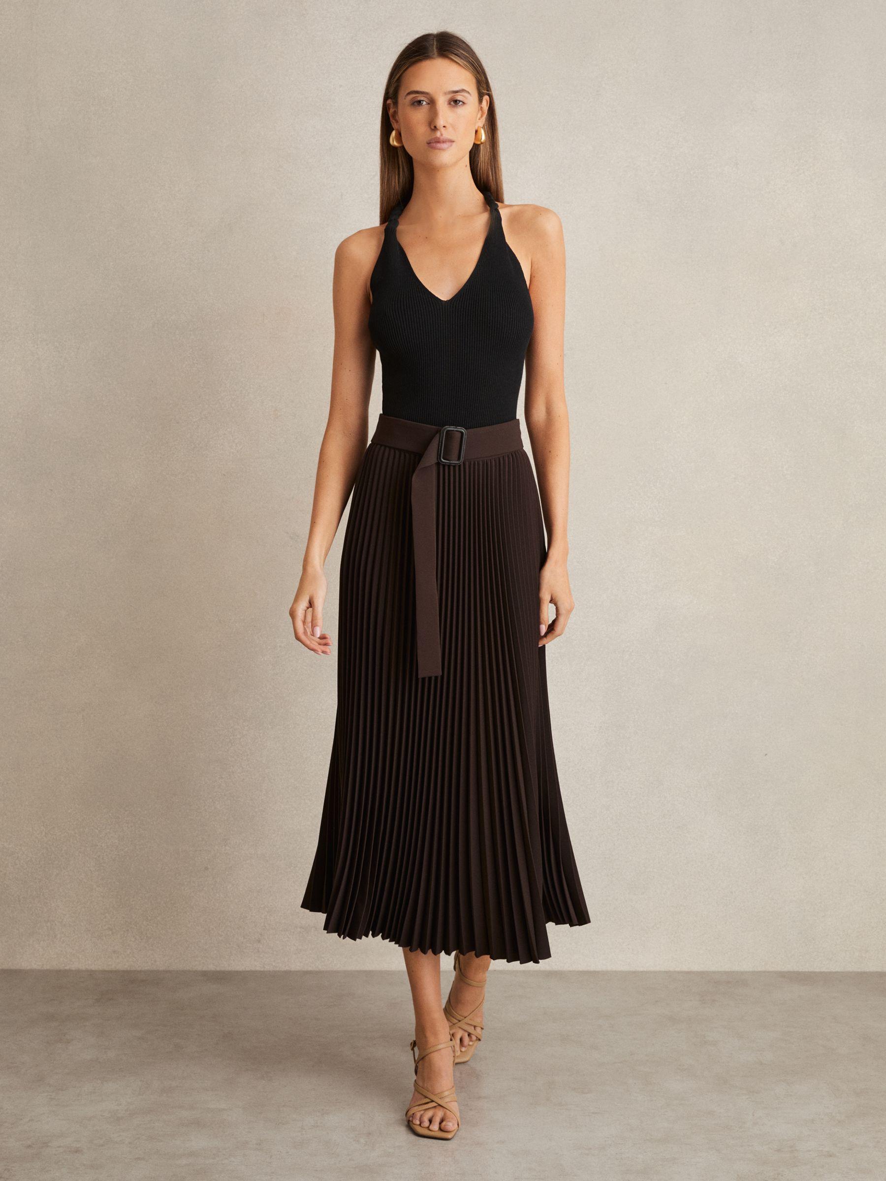 Pleated Belted Midi Skirt in Chocolate Brown Product Image