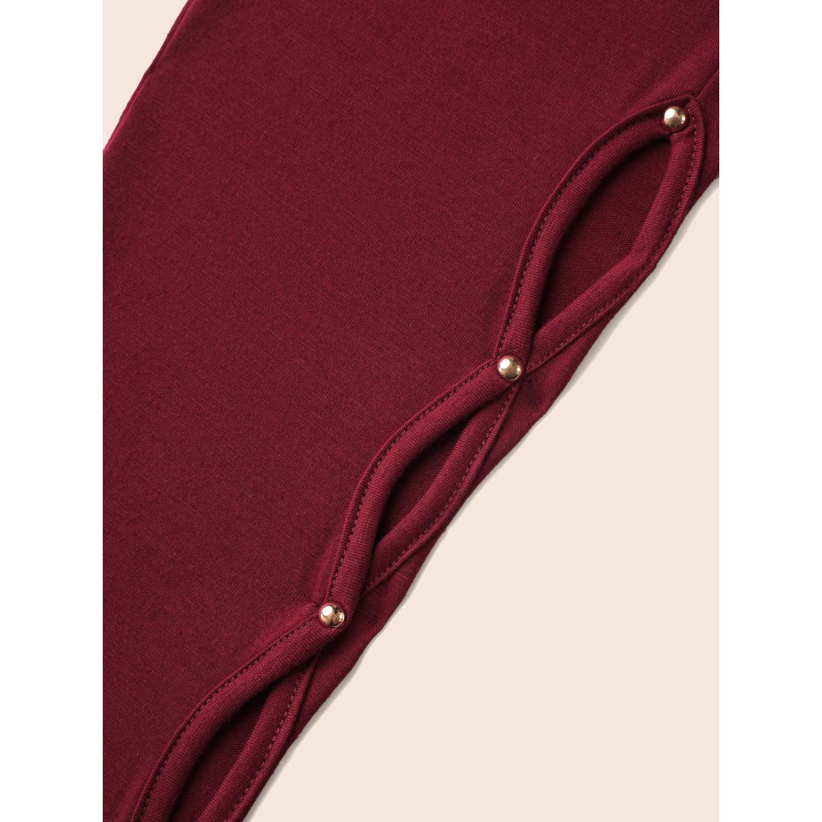 Plus Size Pearl Beaded Cut Out Midi Dress Burgundy Women Elegant Beaded Round Neck Long Sleeve Curvy BloomChic 10/M Product Image