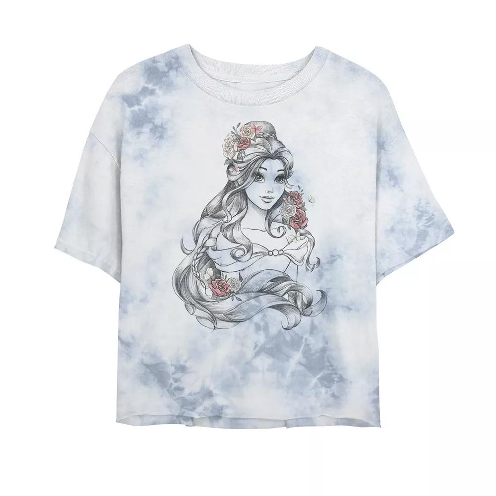 Juniors' Disney Princess Beauty & The Beast Belle Drawing Rose Bombard Wash Crop Graphic Tee, Women's, Size: Small, White Blue Product Image