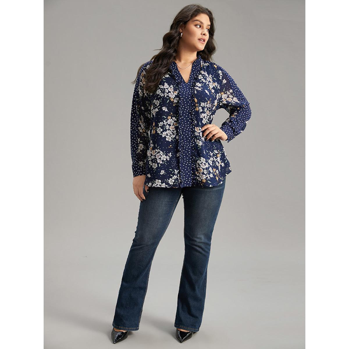 Plus Size DarkBlue Chiffon Floral Polka Dot Patchwork Frill Trim Mesh Blouse Women Elegant Long Sleeve V-neck Dailywear Blouses BloomChic 18-20/2X Product Image