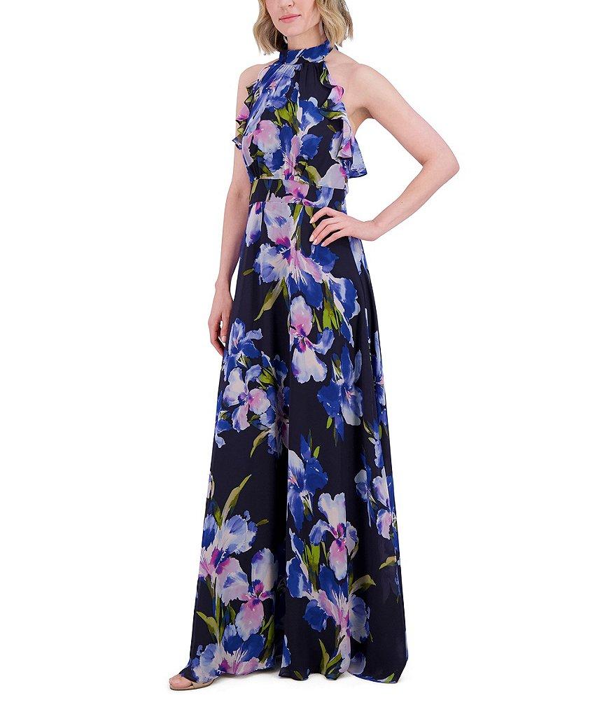 Eliza J Chiffon Floral Print Halter Neck Sleeveless Ruffle Maxi Dress Product Image