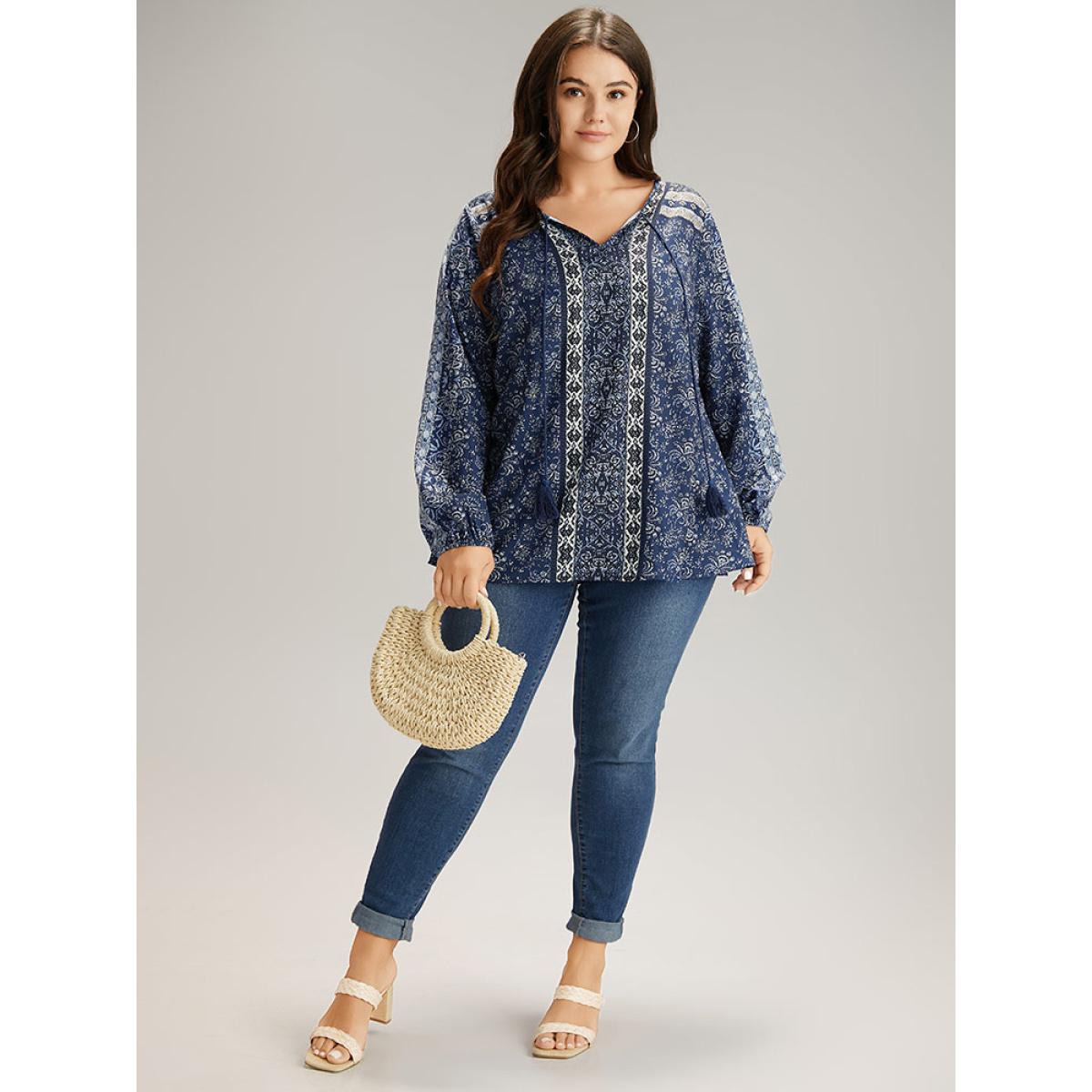 Plus Size Indigo Bandana Print Tassels Ties Blouse Women Vacation Long Sleeve Tie Neck Dailywear Blouses BloomChic 30/6X Product Image