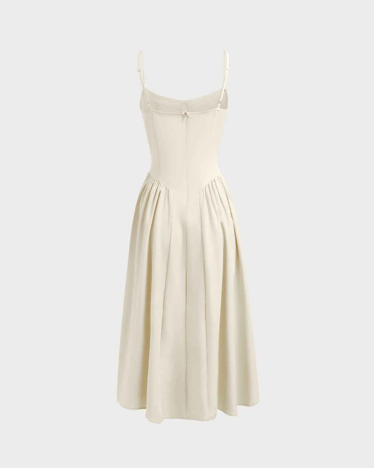 Beige Square Neck Pocket Slip Midi Dress Product Image