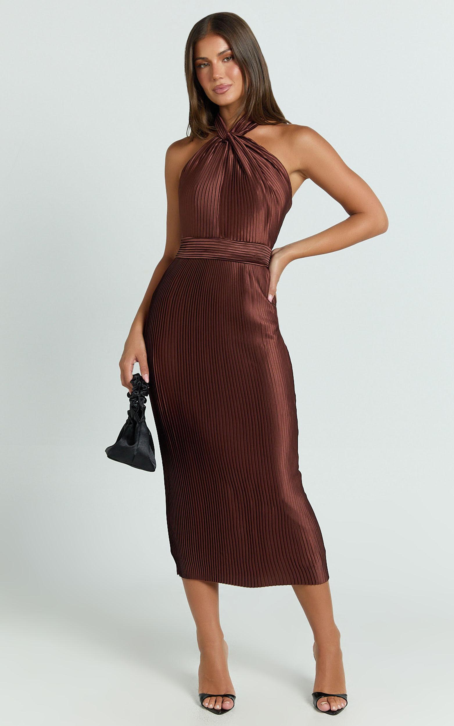 Marlette Midi Dress - Pleated Open Back Halter Dress in Chocolate Product Image