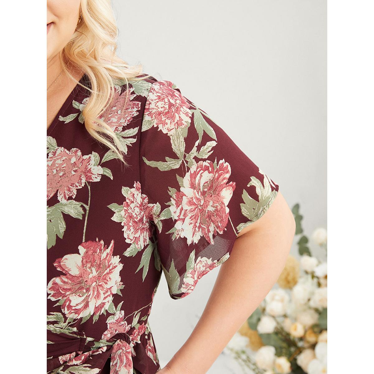 Plus Size Floral Print Belted Surplice Neck Flutter Pocket Maxi Dress Scarlet Women Elegant Wrap Overlap Collar Short sleeve Curvy Long Dress BloomChic 26/4X Product Image