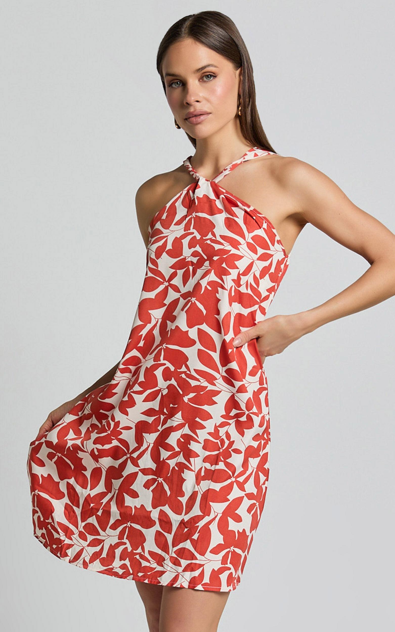 Vicki Mini Dress - Halter Neck A Line Dress in Red Leaf Print Product Image
