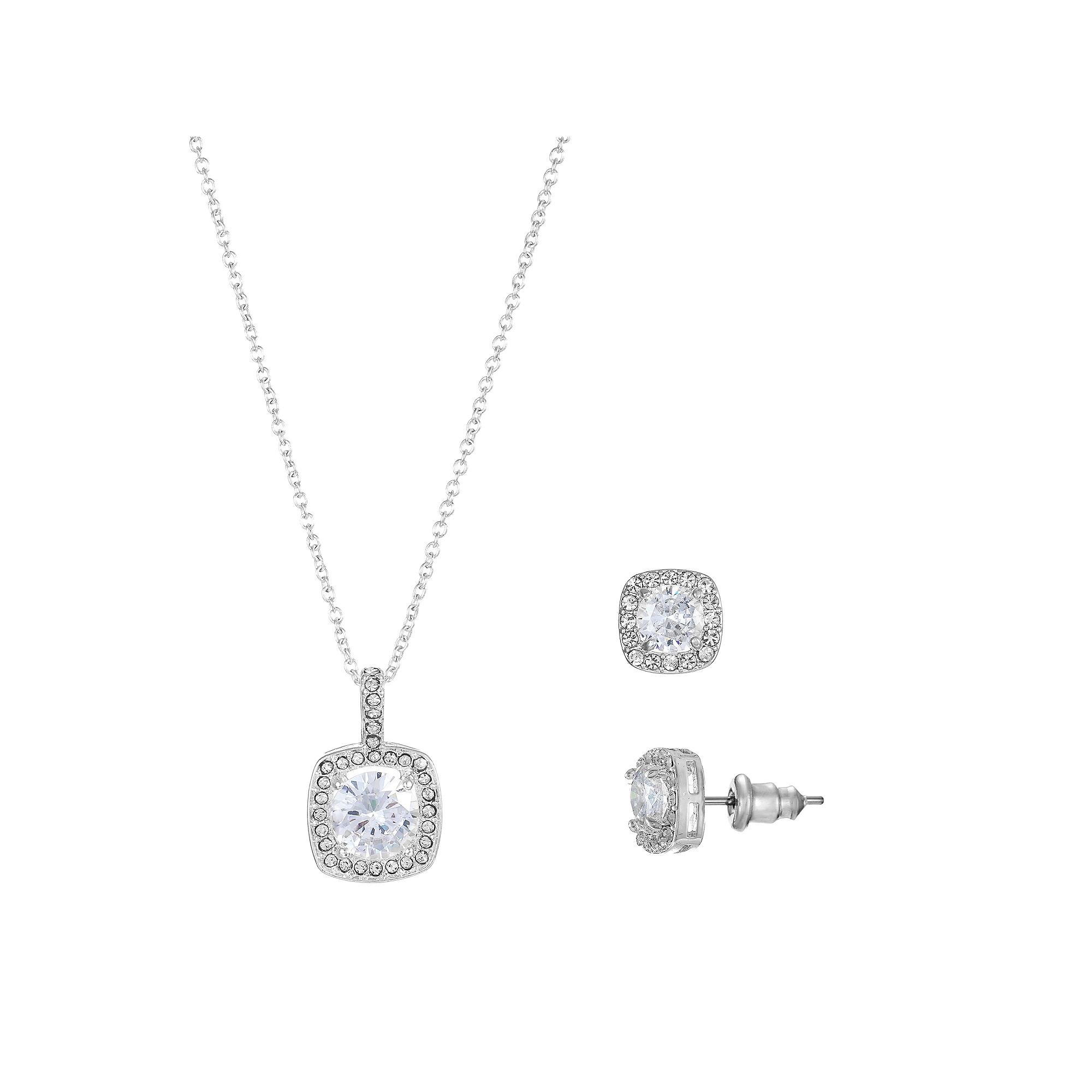 Silver Tone Cubic Zirconia Cushion Cut Halo Pendant Necklace & Stud Earrings Set, Women's, Silver Tone Clear Product Image