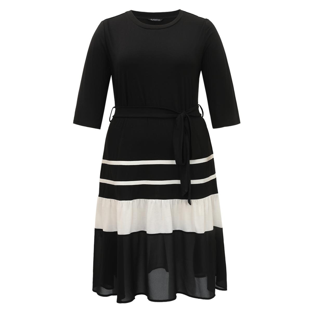 Plus Size Colorblock Contrast Belted Ruffle Layered Hem Dress Black Women Casual See through Round Neck Elbow-length sleeve Curvy Midi Dress BloomChic 28/5X Product Image