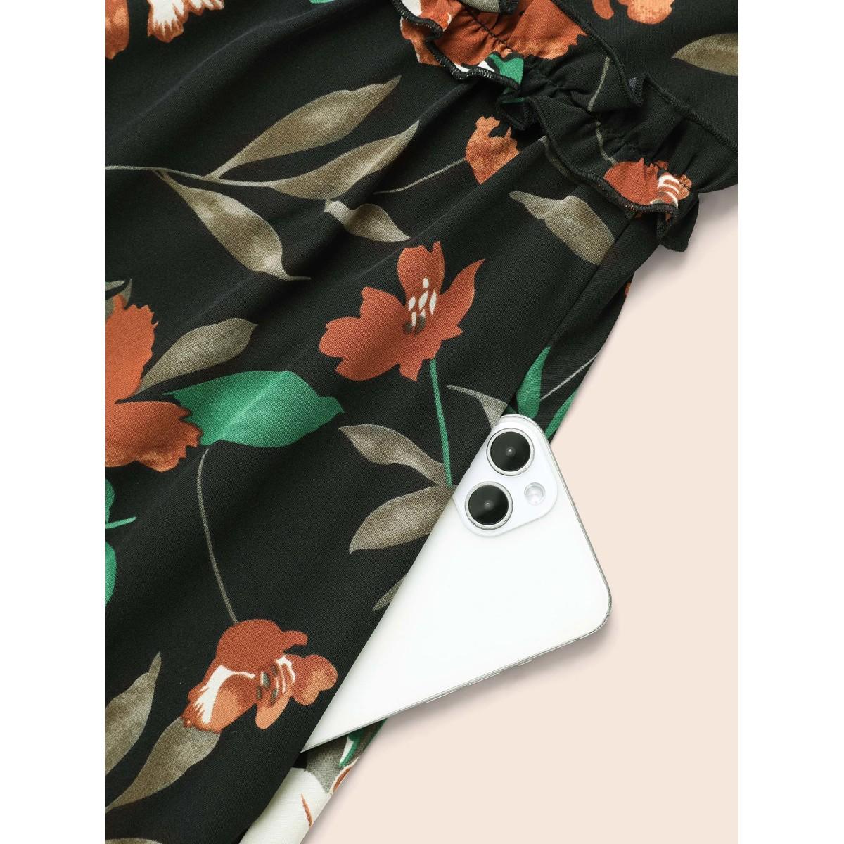 Plus Size Floral Elastic Waist Frill Trim Midi Dress BlackFlower Women Elegant Frill Trim V-neck Long Sleeve Curvy BloomChic 10/M Product Image