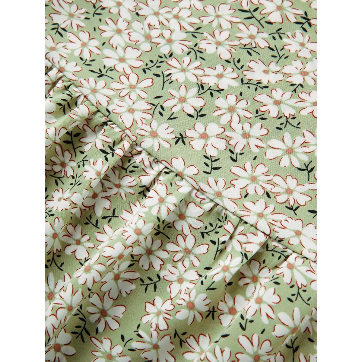 Plus Size Sage Ditsy Floral Ruffle Sleeve Gathered Ties Blouse Women Elegant Short sleeve Ribbon-tied collar Everyday Blouses BloomChic 28/5X Product Image