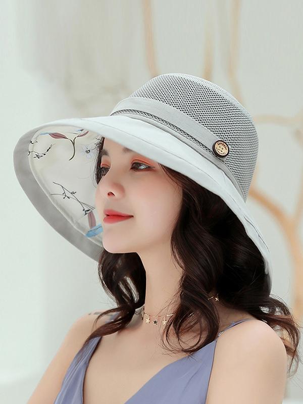 Hollow Lace-Up Printed Split-Joint Sun Hat Product Image