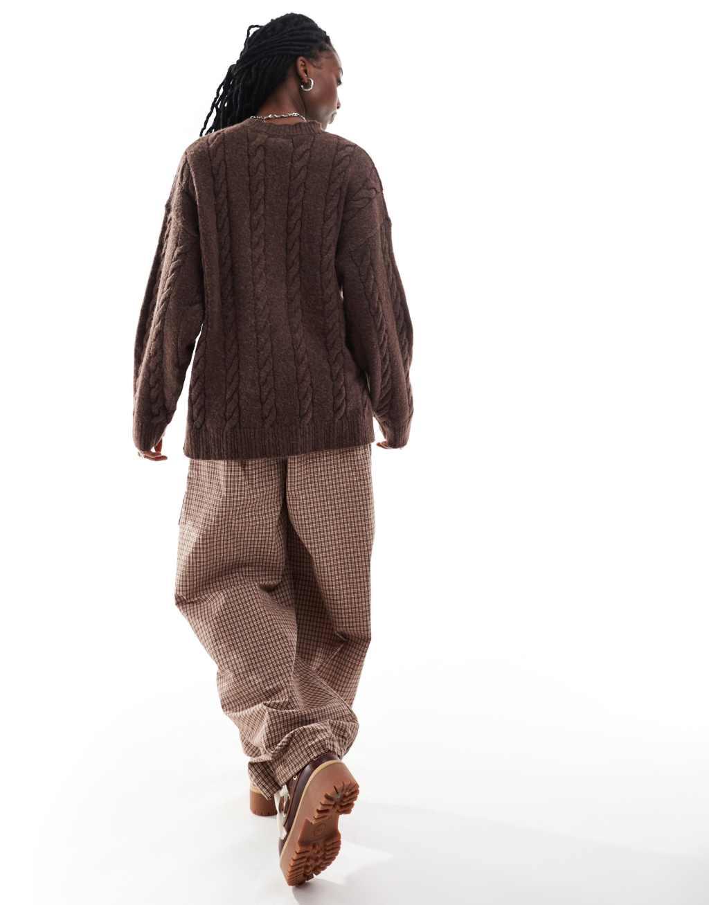COLLUSION oversized crew neck cable knit sweater in brown  Product Image