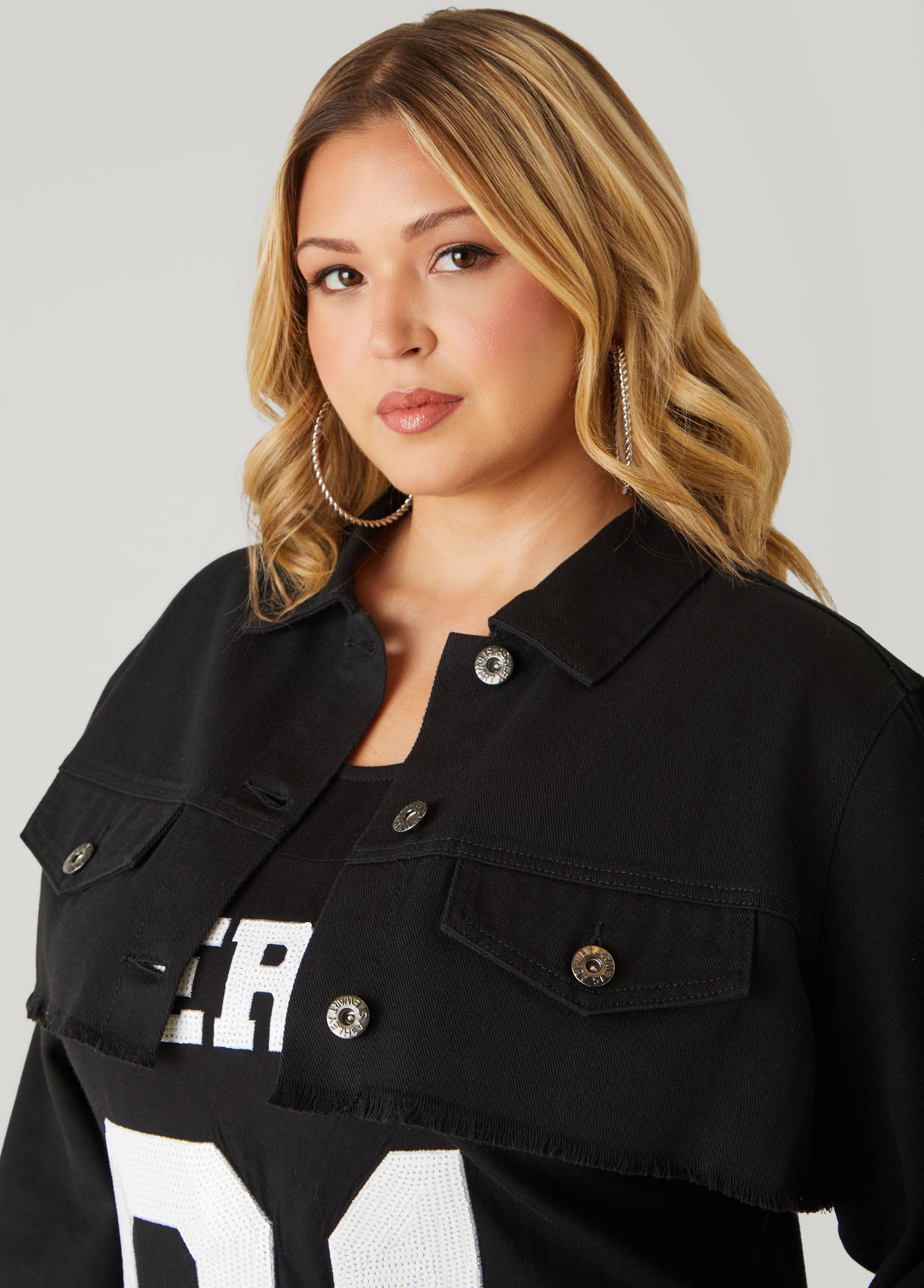 Plus Size Frayed Cropped Denim Jacket Ashley Stewart Product Image