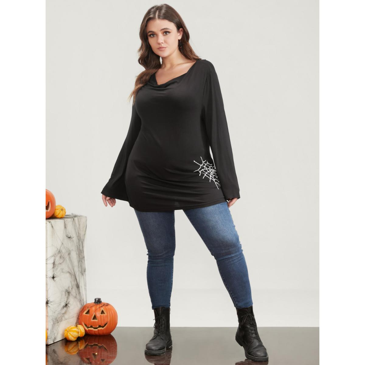 Plus Size Halloween Spider Web Print Long Tee Black Women Elegant Plain Graphic-Halloween V-neck Dailywear T-shirts BloomChic 30/6X Product Image