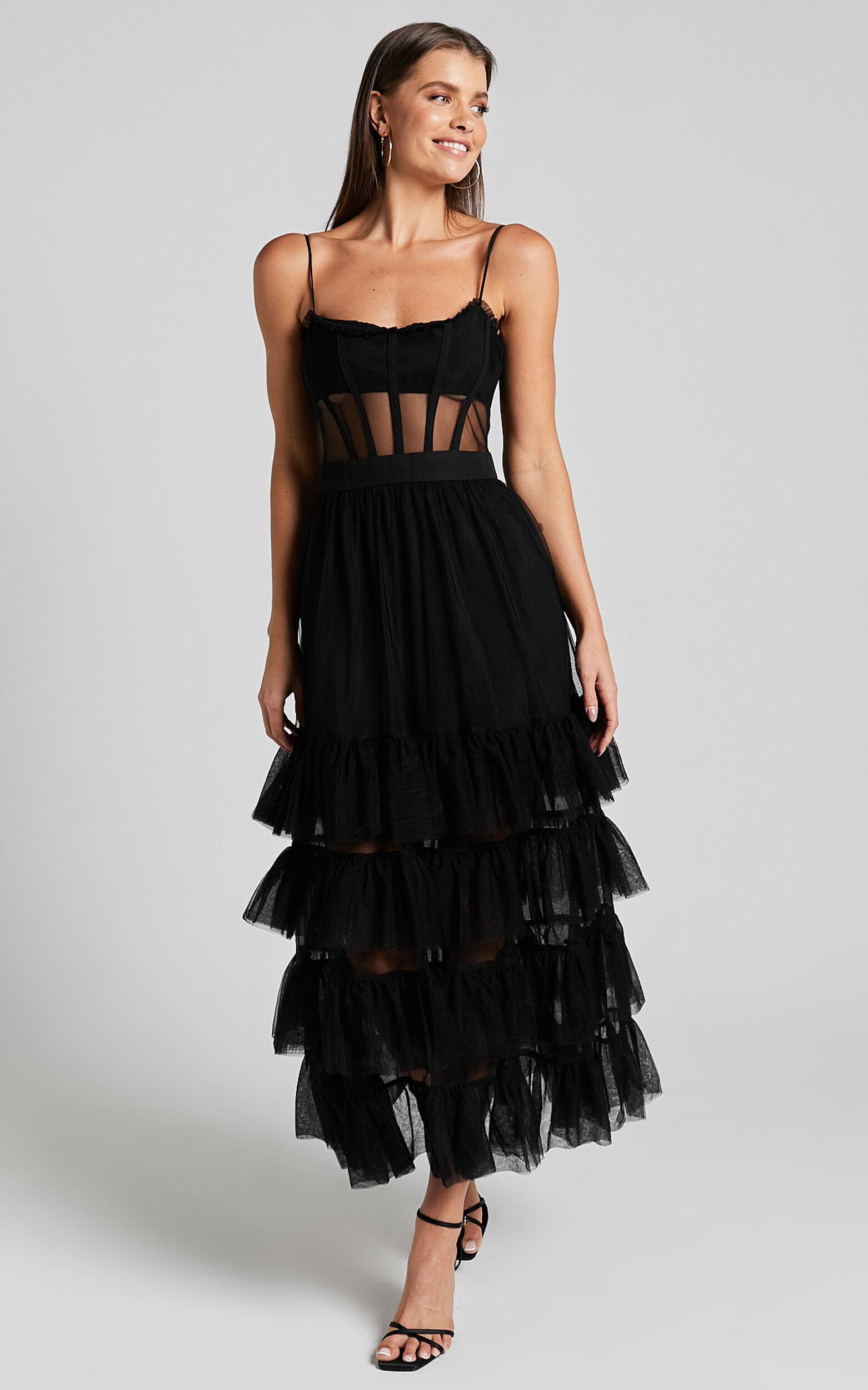 Evelynn Midi Dress - Sweetheart Corset Bodice Fit & Flare Tiered in Black Product Image