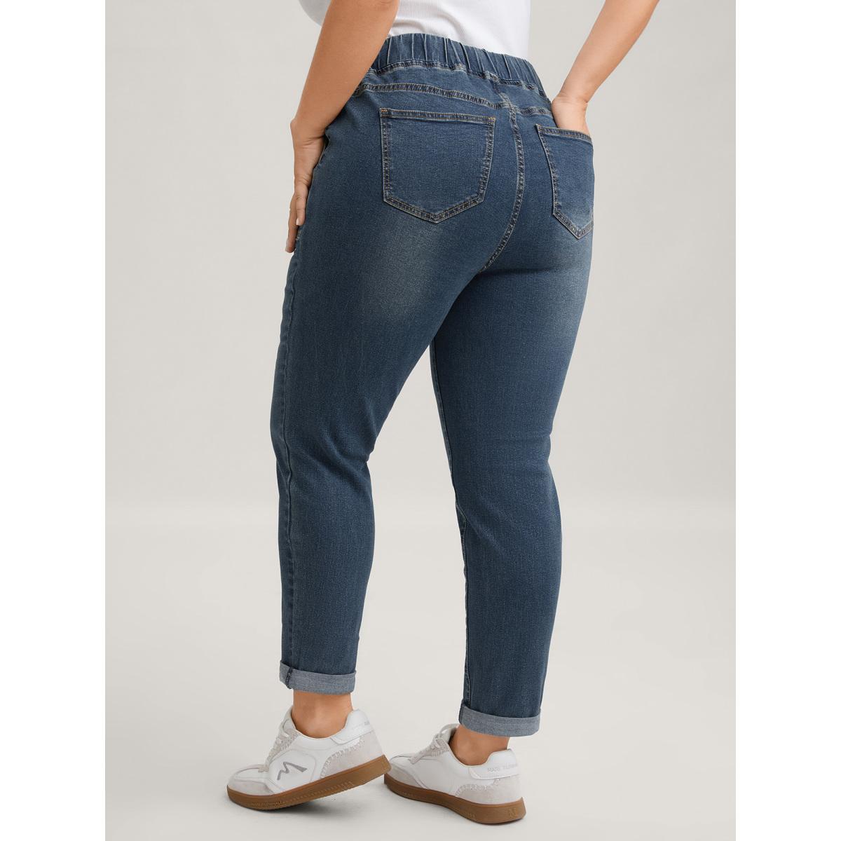 Plus Size Drawstring Elastic Waist Roll Hem Jeans Women DarkBlue Leisure Plain Drawstring High stretch Slanted pocket Jeans BloomChic 20/2X Product Image