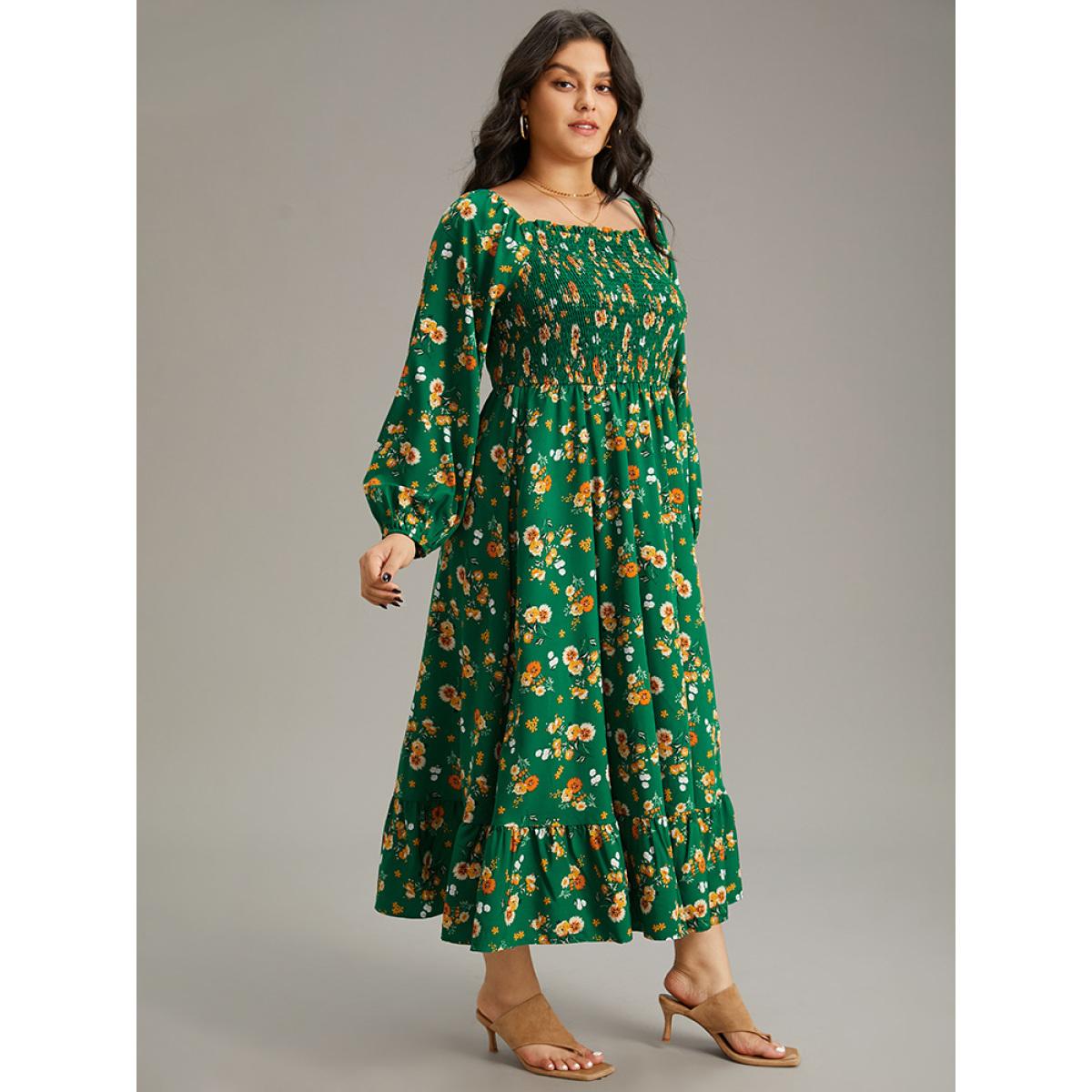 Plus Size Floral Print Shirred Elastic Cuffs Dress DarkGreen Women Elegant Elastic cuffs Square Neck Long Sleeve Curvy Midi Dress BloomChic 10/M Product Image