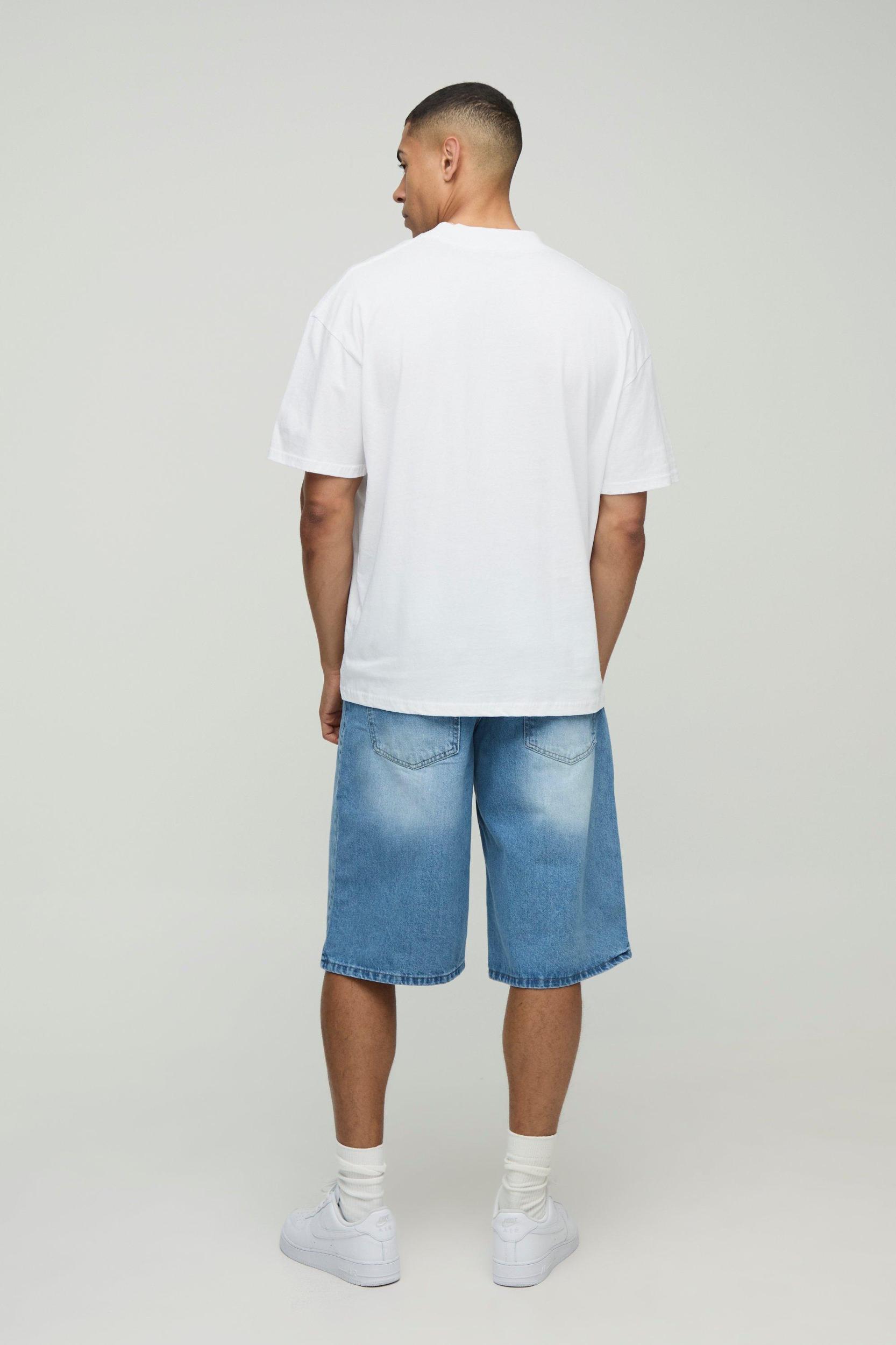 Longline Blue Washed Denim Jorts | boohooMAN USA Product Image