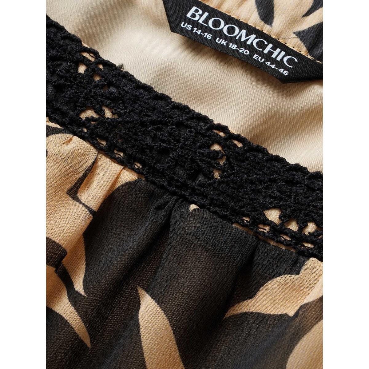 Plus Size Black Silhouette Floral Print Batwing Sleeve Contrast Webbing Blouse Women Elegant Elbow-length sleeve Square Neck Everyday Blouses BloomChic 14-16/1X Product Image