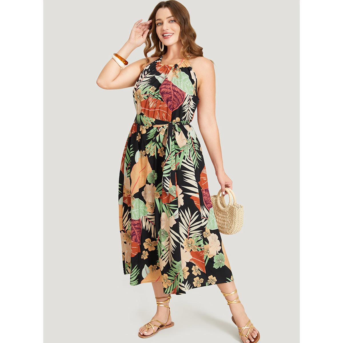 Plus Size Tropical Print Ruffle Hem Pocket Belt Knotted Halter Dress Black Women Vacation Cross straps Halter neck Sleeveless Curvy Midi Dress BloomChic 30/6X Product Image