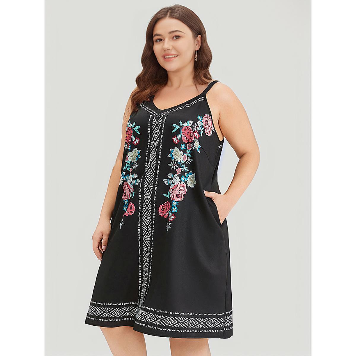 Plus Size Boho Print Pocket Cami Knee Dress Black Women Vacation Printed Spaghetti Strap Sleeveless Curvy Knee Dress BloomChic 10/M Product Image