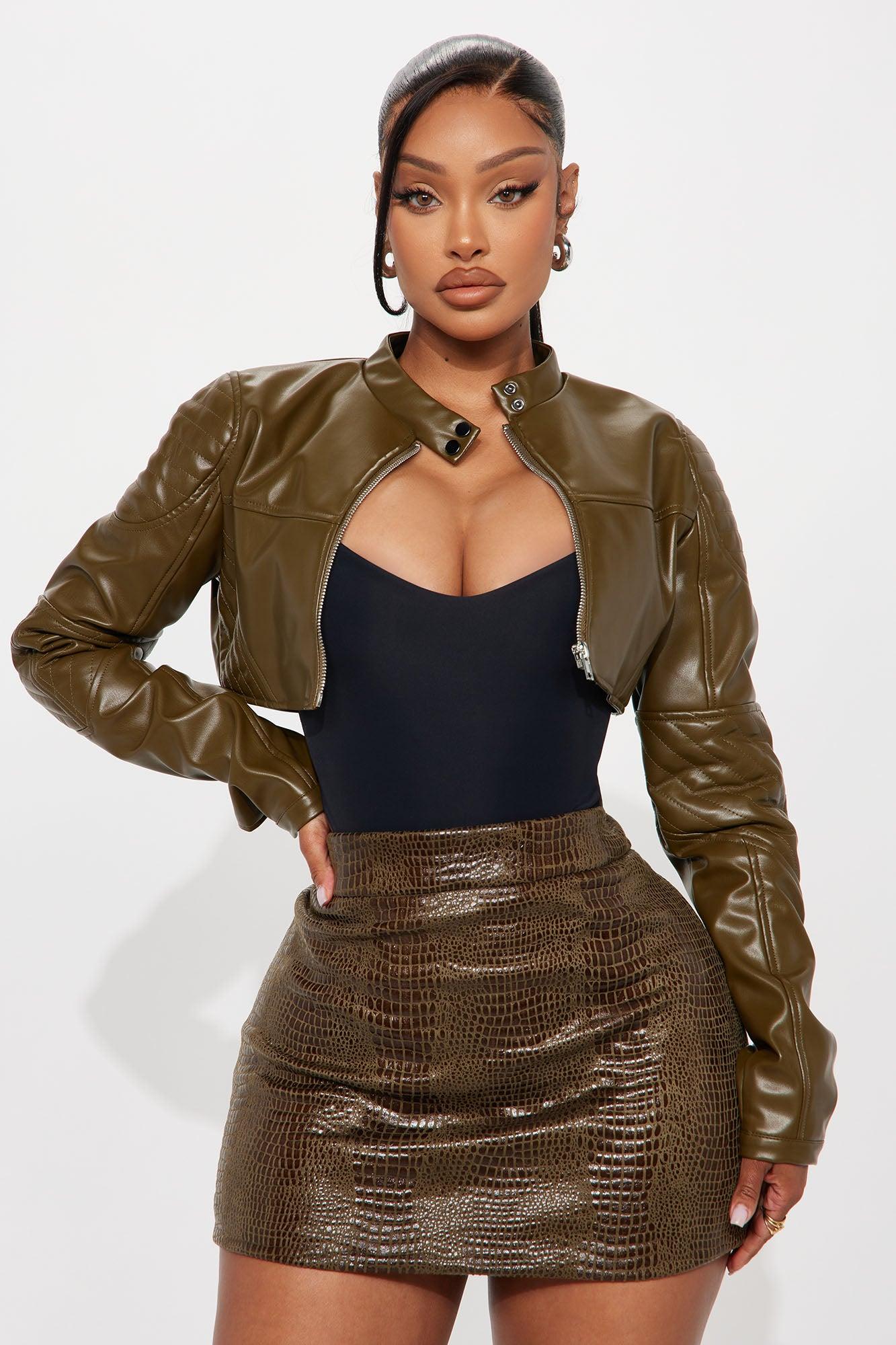 Biker Club Faux Leather Jacket - Olive Female Product Image