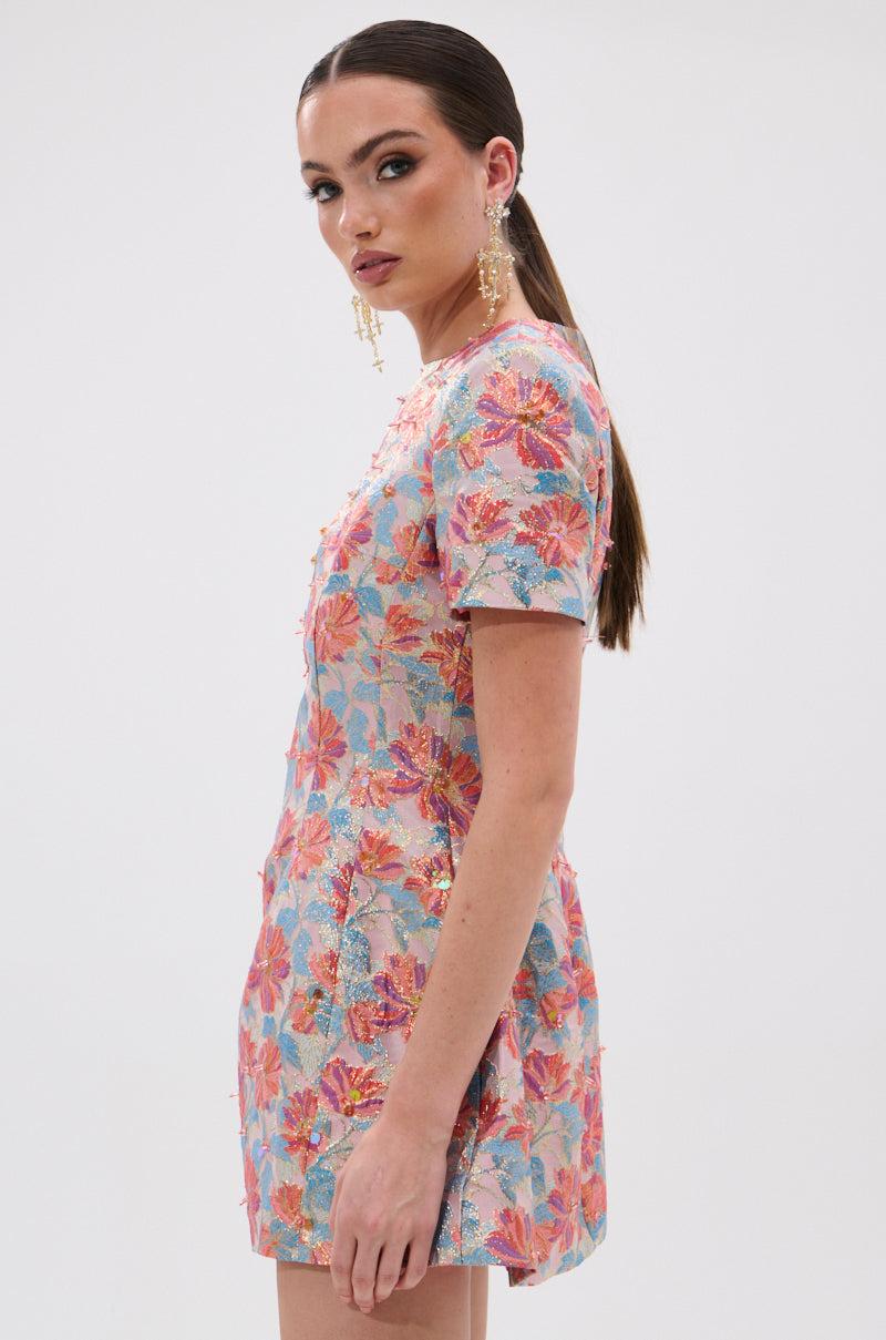 PRETTY IN PINK BROCADE BEADED MINI DRESS Product Image