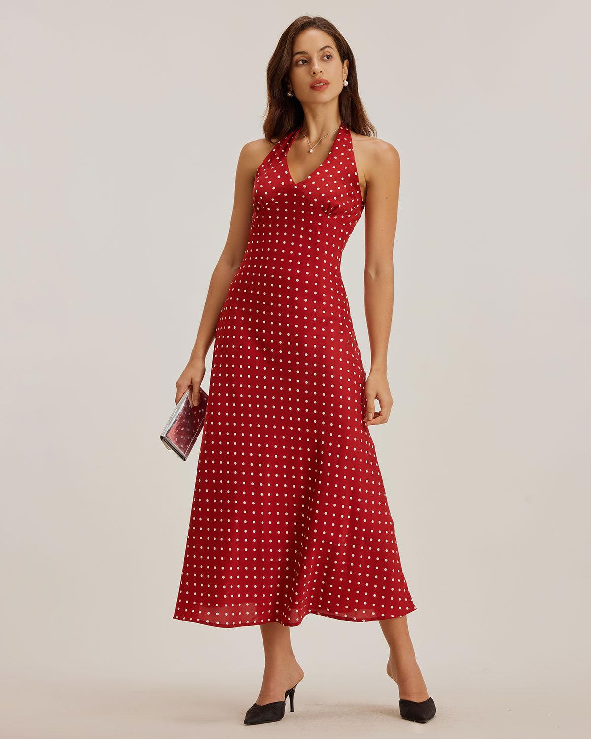 Red Polka Dot Halter Maxi Dress Product Image