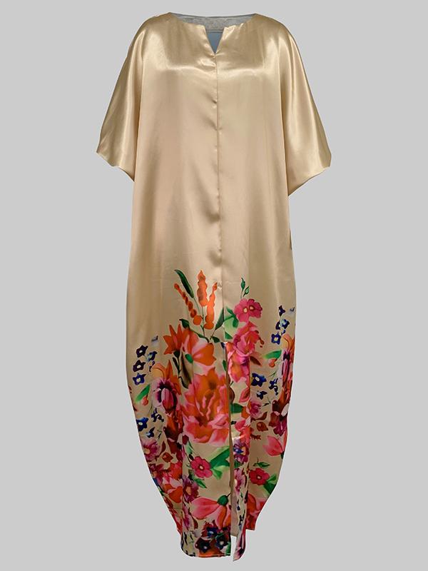 A-Line Half Sleeves Elasticity Flower Print Split-Front V-Neck Maxi Dresses Product Image