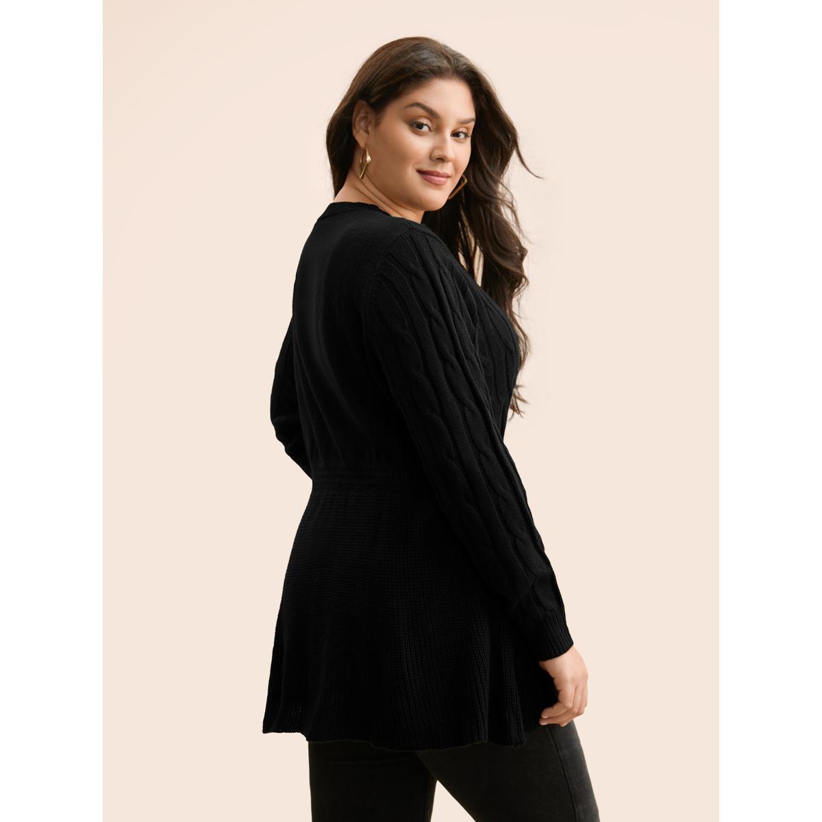 Plus Size Texture Cable Knit Button Detail Pullover Black Women Casual Long Sleeve V-neck Everyday Pullovers BloomChic 10/M Product Image