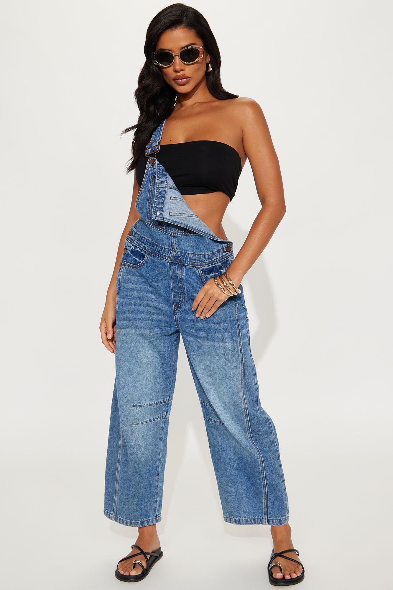 Jaxen Barrel Leg Denim Overalls - Medium Wash Product Image
