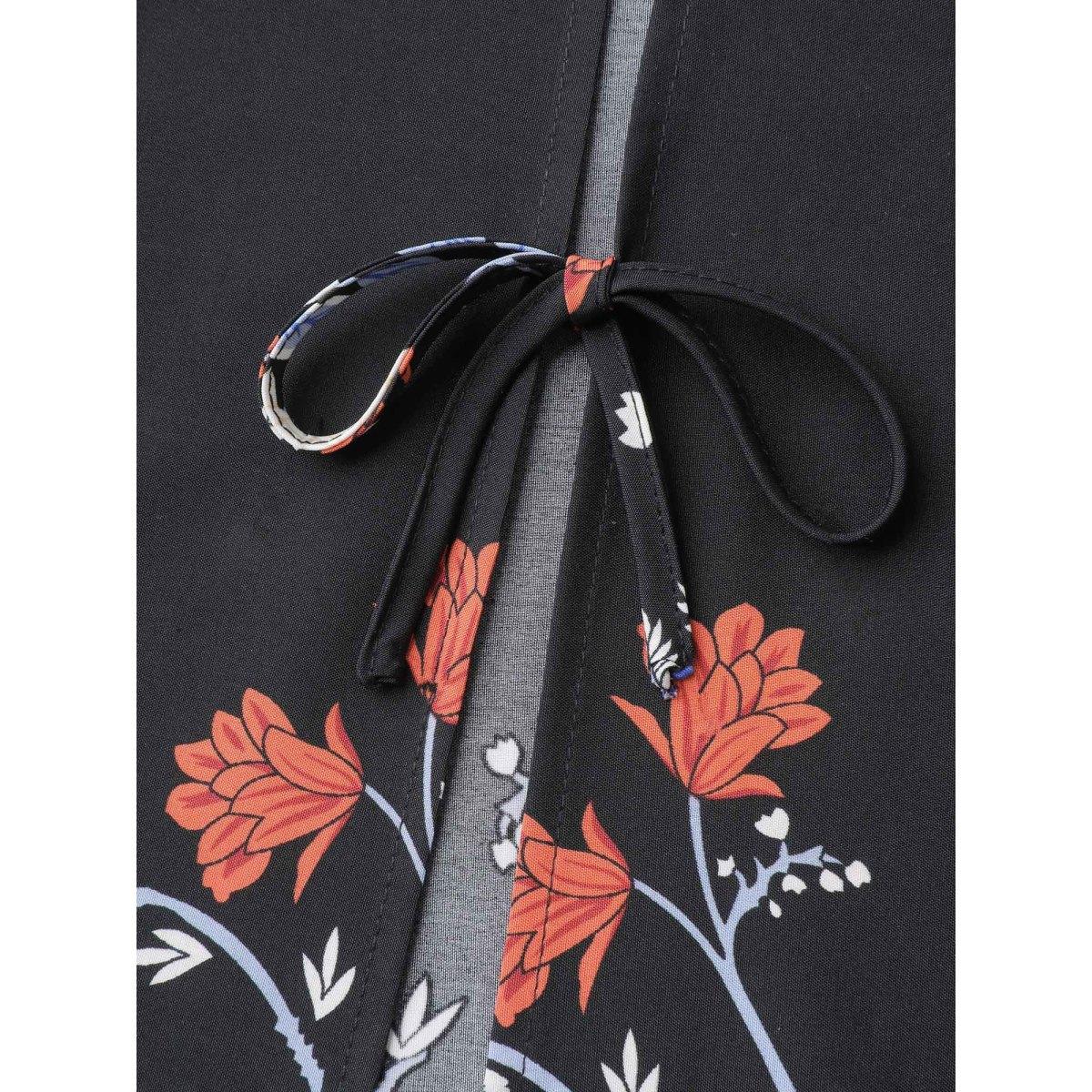 Plus Size Romantic Floral Print Vacation Kimono Cardigan Women Black Boho Tie knot Loose Vacation Kimonos BloomChic 14-16/1X Product Image